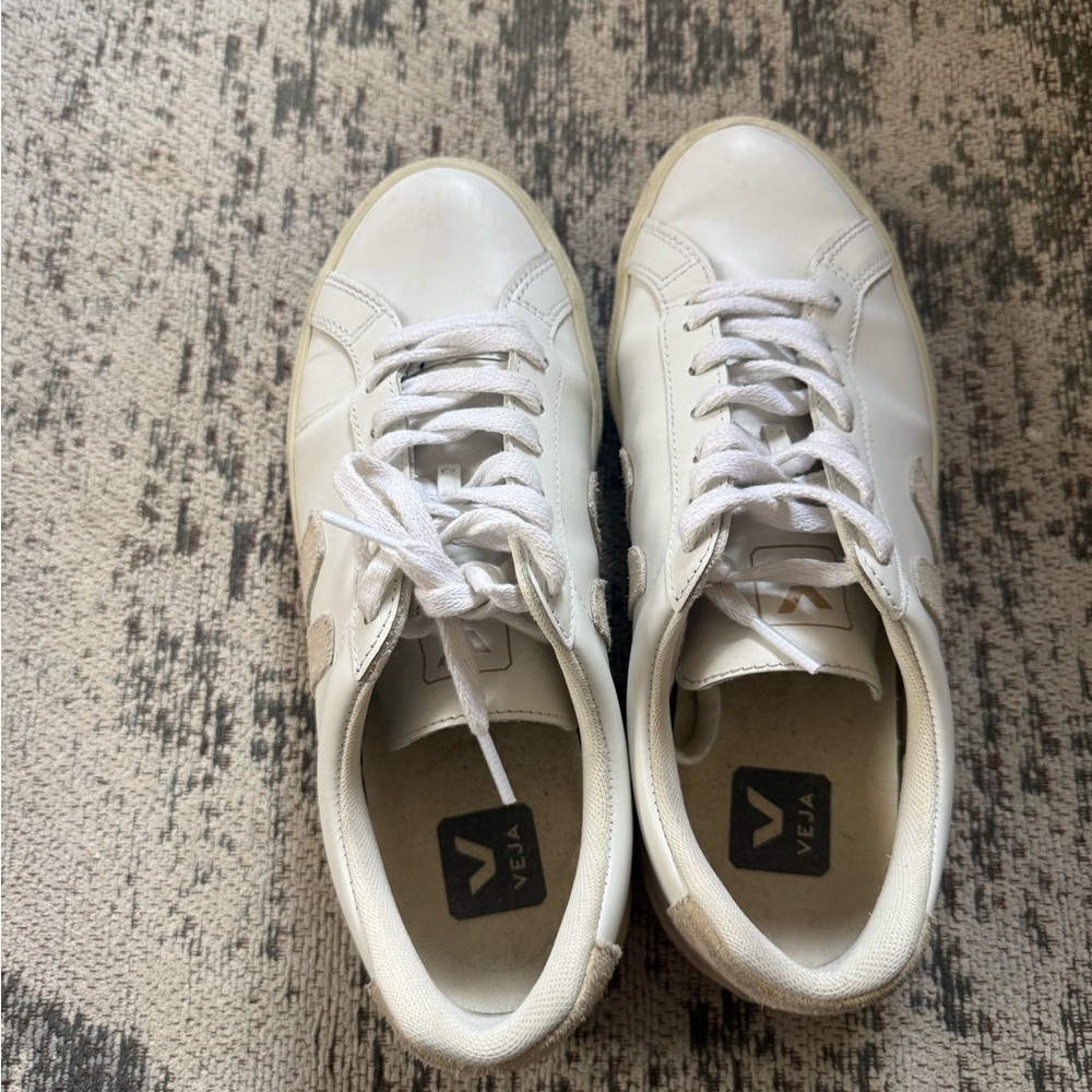 Veja White Leather Sneakers with Beige V Accent - Picture 4 of 4